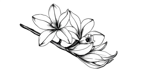 Hand-drawn black ink vanilla orchid flower and pod set illustration Line art spice sketch bundle on isolated background,  plant,  collection