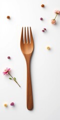 High-res rustic wooden fork and spoon artfully arranged on white, pure white backdrop,  clean,  plate