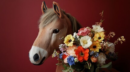 Stuffed horse holding a bouquet of flowers