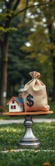 Home and money bag balanced on park scales, signifying financial decisions for future real estate and business investment,  money,  planning