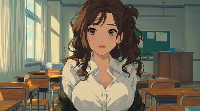 Anime Female Teacher Explaining Lesson to Students in Classroom with Blackboard Background