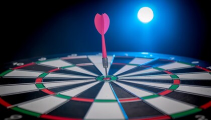 Fototapeta premium Pink Dart Hits the Bullseye on a Dartboard, Symbolizing Success