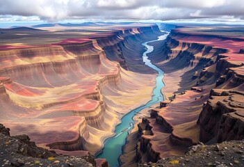 Icelandic rift valley showcasing continental drift, with ancient lava fields, serene rivers, and unique geological formations,  dramatic,  Öxará