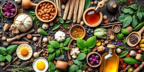 Intricate arrangement of exotic herbs, potent oils, and traditional tools, symbolizing ancient Ayurvedic holistic wellness practices,  spices,  compounds