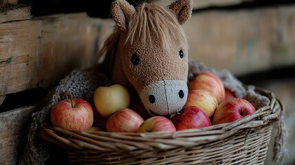 Stuffed horse in a basket of toy apples