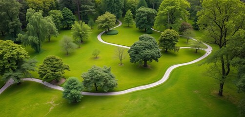 Lush green expanse with mature trees, winding paths, and open spaces for recreation,  outdoor,  leisure