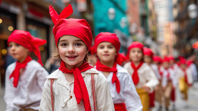 Young participants marching joyfully in D&iacute;a de San Sebasti&aacute;n parade wearing traditional red scarves and white shirts