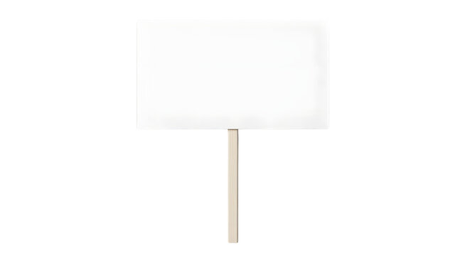 A blank white square sign on a thin pole isolated on transparent background