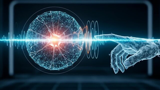 Digital Hand Interacting with a Glowing Neural Network and Energy Wave - Powered by Adobe