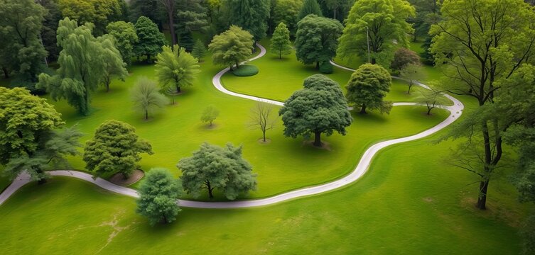 Lush green expanse with mature trees, winding paths, and open spaces for recreation, outdoor, leisure - Powered by Adobe