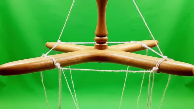 Wooden marionette control with strings against a green backdrop