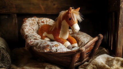 Stuffed horse in a cozy toy cradle