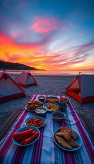 Sunset beach tents, food-laden picnic table, serene camping scene, warm sky reflection,  coastal,  peaceful