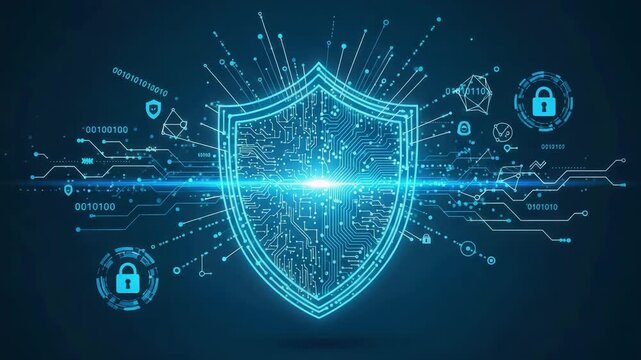Digital shield with circuit board pattern and binary code, representing cybersecurity and data protection