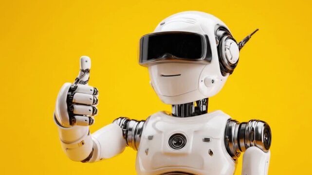 Cheerful white robot with black visor and headset gives thumbs-up against bright yellow background!!