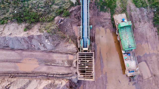 Drone shot, conveyor belt for sand and grave processing
