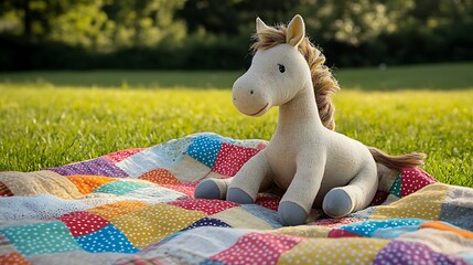 Stuffed horse on a patchwork picnic blanket