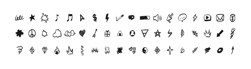 Set of various hand drawn black and white icons for websites and applications isolated on white background.  vector illustration.