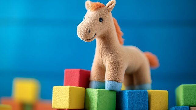 Stuffed horse on a stack of colorful blocks