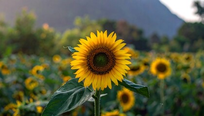 Obraz premium A single sunflower blossoms brightly against a blurred field and mountain
