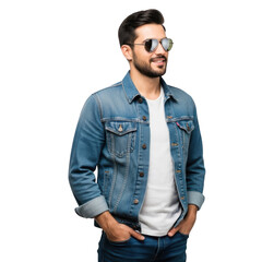 Man wearing denim jacket and sunglasses isolated on transparent background
