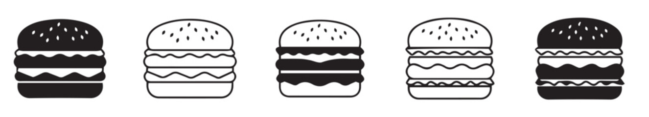 Versatile set of nine outlined burger illustrations, ideal for menus, kids' content, or doodle-style graphic designs. Delicious fast food icons, vector illustration.