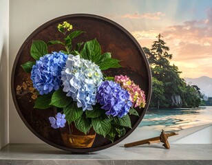 Floral arrangement with blue and pink flowers in a circle frame