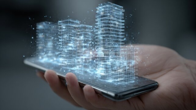 A hand is holding a smartphone that shows a holographic city skyline with glowing, digital structures in a modern atmosphere.