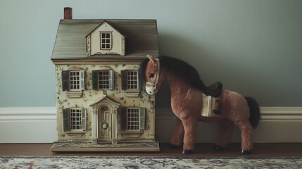 Stuffed horse sitting beside a dollhouse