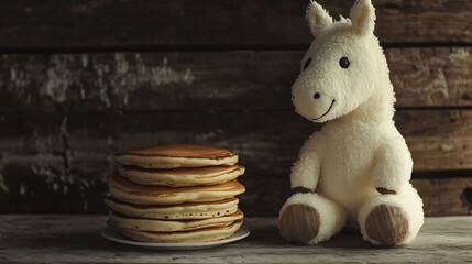 Stuffed horse sitting beside a stack of pancakes