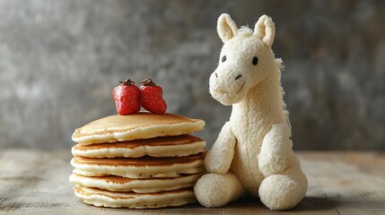 Stuffed horse sitting beside a stack of pancakes