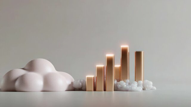 A conceptual visual representation showcasing the journey of success, with a rocket launch symbolizing growth alongside ascending golden bars that signify achievement and progress.