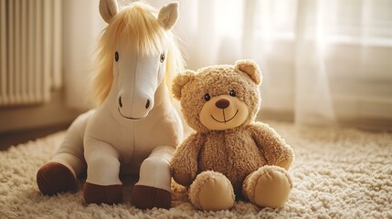 Stuffed horse sitting beside a teddy bear