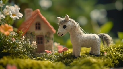 Stuffed horse sitting in a tiny garden