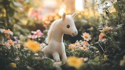 Stuffed horse sitting in a tiny garden