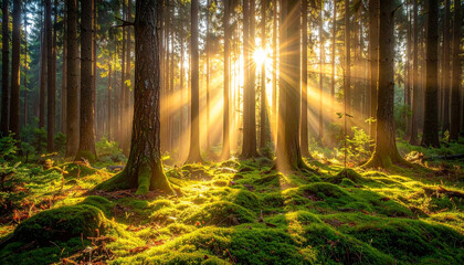 Obraz premium 黄金の朝日が満ちる濃い森