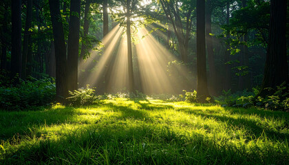 Fototapeta premium 密な樹冠からこぼれる光のスポット