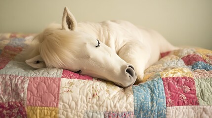 Stuffed horse sleeping under a toy quilt
