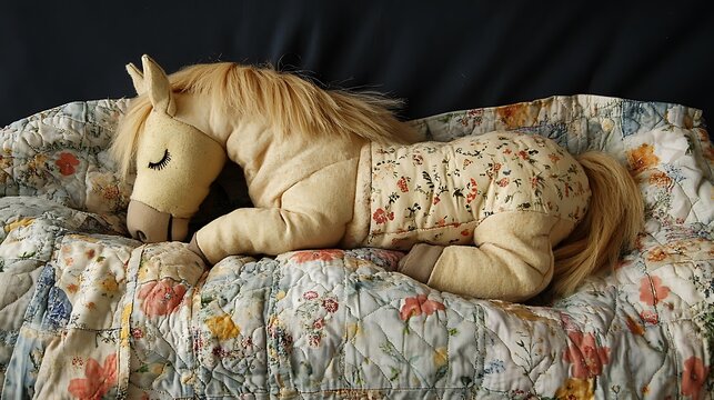 Stuffed horse sleeping under a toy quilt