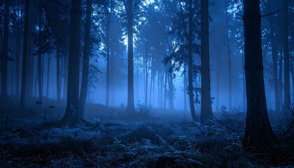 薄い霧と冷たい光の森
