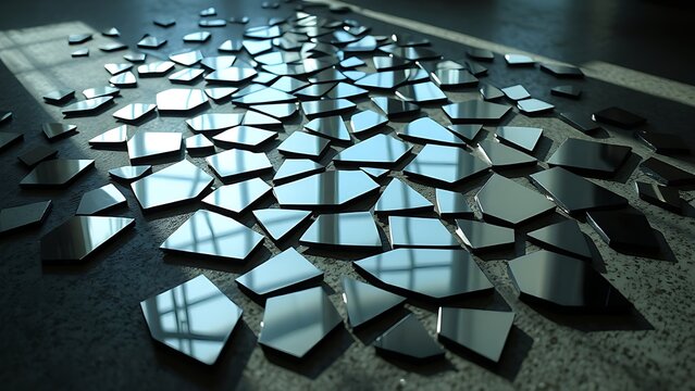 superego. Broken mirror pieces scattered on floor reflecting distorted surfaces. wellbeing guides, coaching materials, designed for coaching and self-improvement content, clarifies learning.