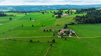 Naklejka premium A stunning drone shot of the Swiss countryside featuring green pastures, charming farmhouses, and majestic mountains, capturing the essence of rural Switzerland s natural beauty.