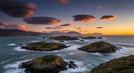 Dramatic patagonian archipelago scenery at dusk, with lenticular clouds and mountain ranges