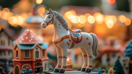 Stuffed horse standing in a toy village