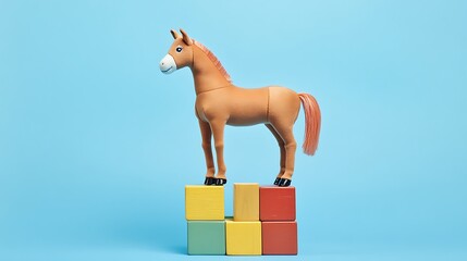 Stuffed horse standing on a toy block tower