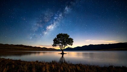 Silhouette tree in calm lake under a starry night