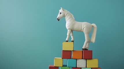 Stuffed horse standing on a toy block tower