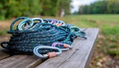 Essential Rock Climbing Equipment Rope and Carabiners on Wood