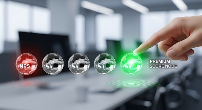 Hand selecting a premium score node rating system with glowing spheres representing quality and evaluation in a modern office setting