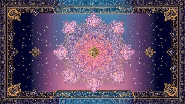 Intricate geometric mandala with celestial sparkles and ornate border
